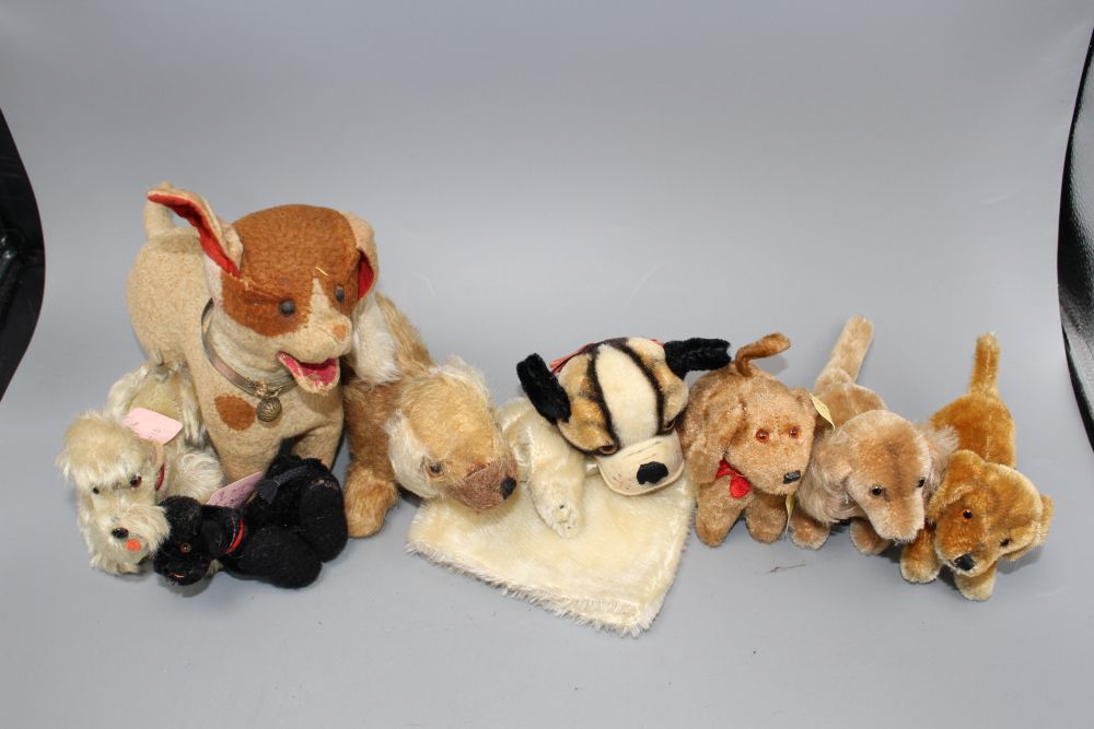 Eight assorted vintage soft toy dogs including Steiff